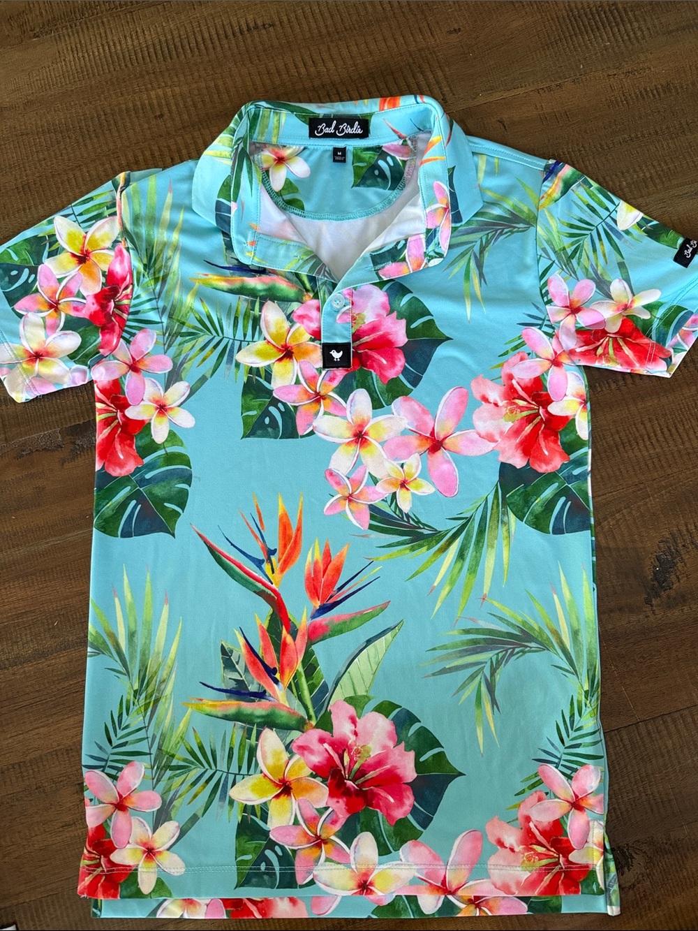 Bad Birdie Aqua Tropical Floral Polo Youth M